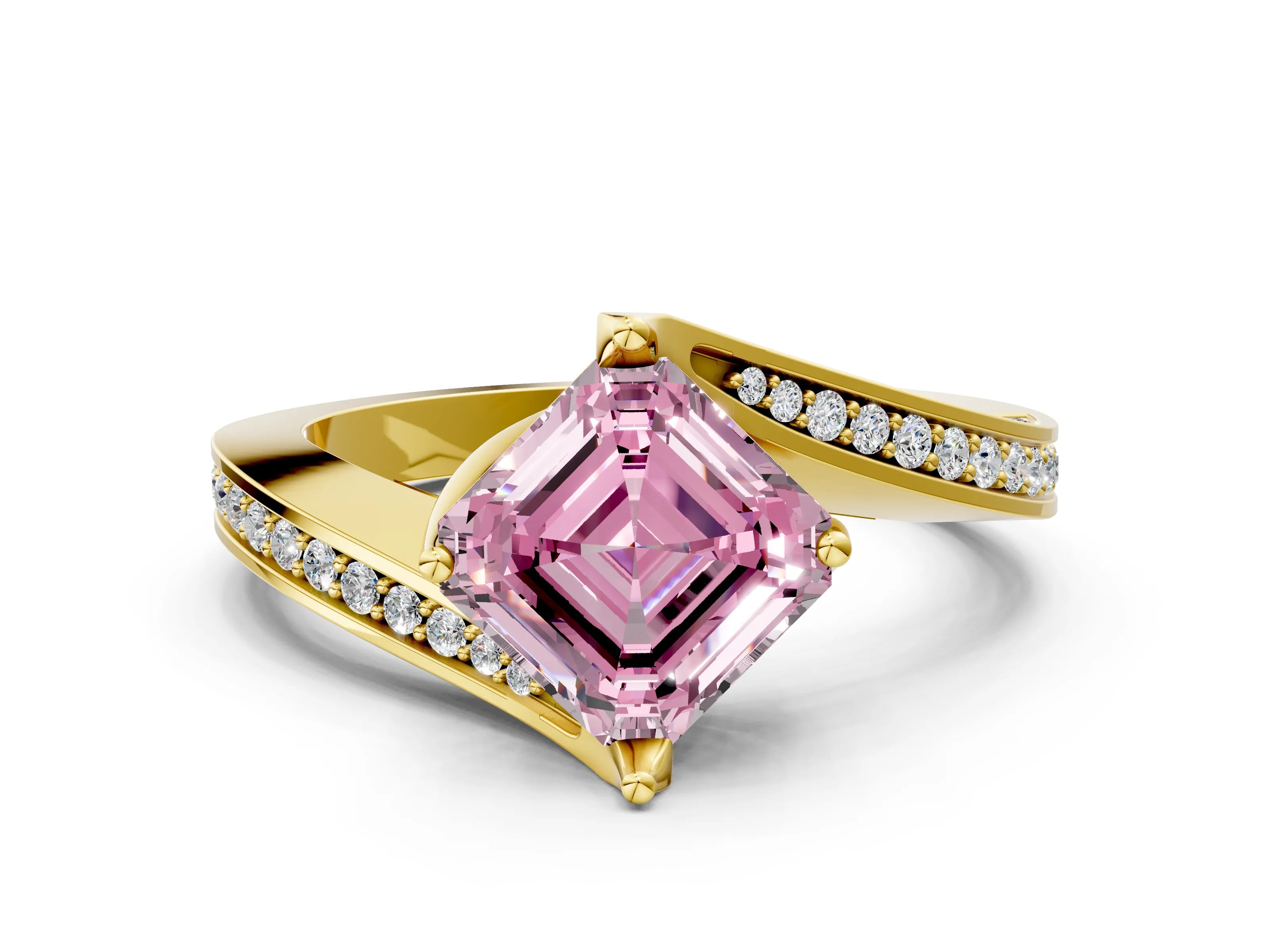 Yellow gold Fancy Pink Asscher Cut Solitaire Diamond Twist Band with Pavé Setting and Four-Prong Setting
