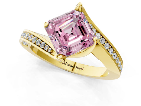 Yellow gold Fancy Pink Asscher Cut Solitaire Diamond Twist Band with Pavé Setting and Four-Prong Setting_1