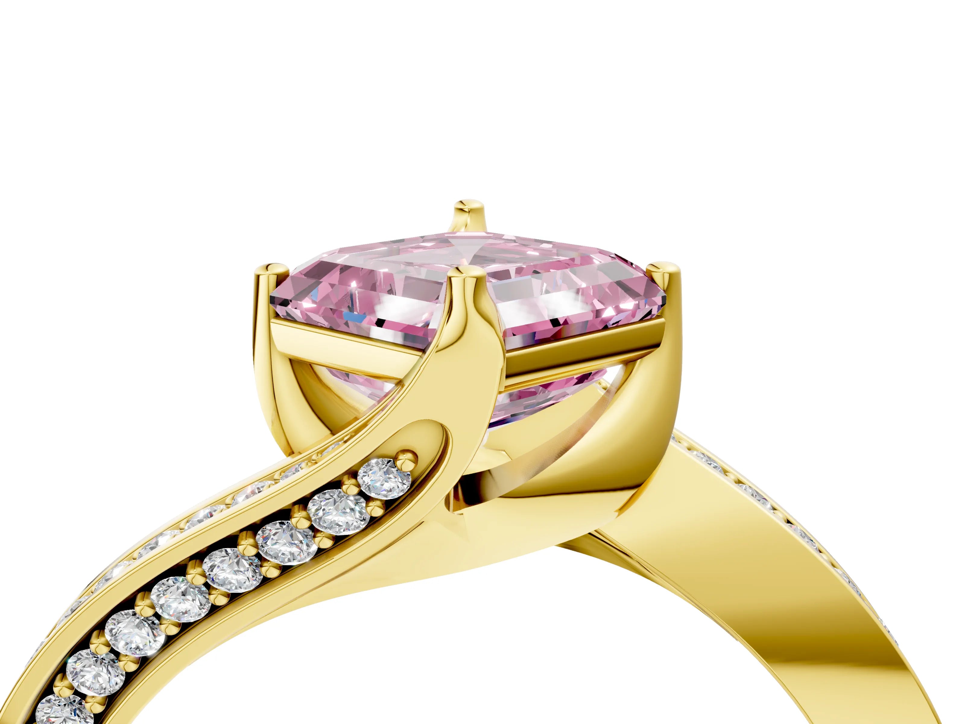 Yellow gold Fancy Pink Asscher Cut Solitaire Diamond Twist Band with Pavé Setting and Four-Prong Setting_4