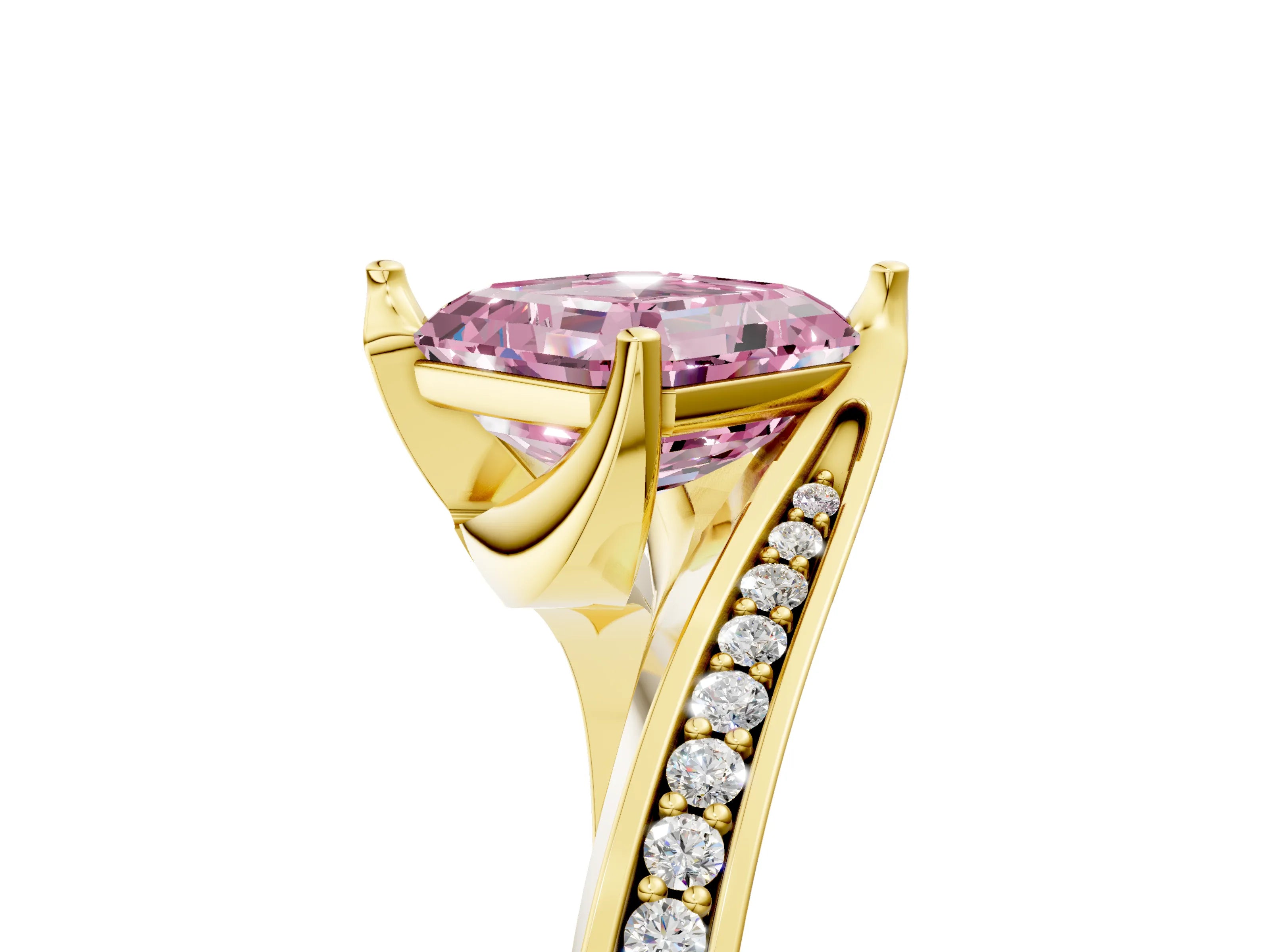 Yellow gold Fancy Pink Asscher Cut Solitaire Diamond Twist Band with Pavé Setting and Four-Prong Setting_5