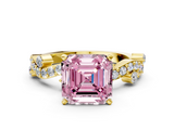 Yellow gold Fancy Pink Asscher  Cut Solitaire Diamond Twisted Band with Pave Setting_17