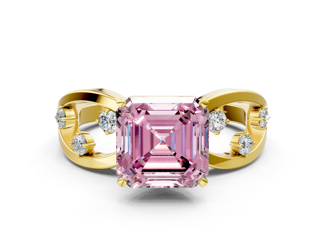 Yellow gold Fancy Pink Asscher  Cut Solitaire Diamond with Side Stones on Criss-Cross Band and Four-Prong Setting_17