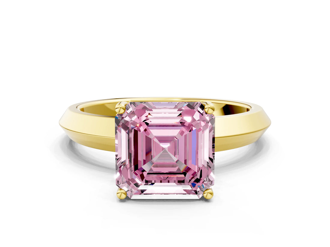 Yellow gold Fancy Pink Asscher  Cut Solitaire Engagement Ring with Flat Band and Four-Prong Setting 1