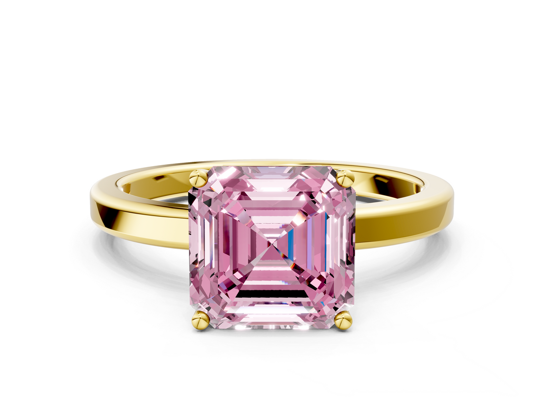 Yellow gold Fancy Pink Asscher  Cut Solitaire Engagement Ring with Four-Prong Setting on a Classic Band