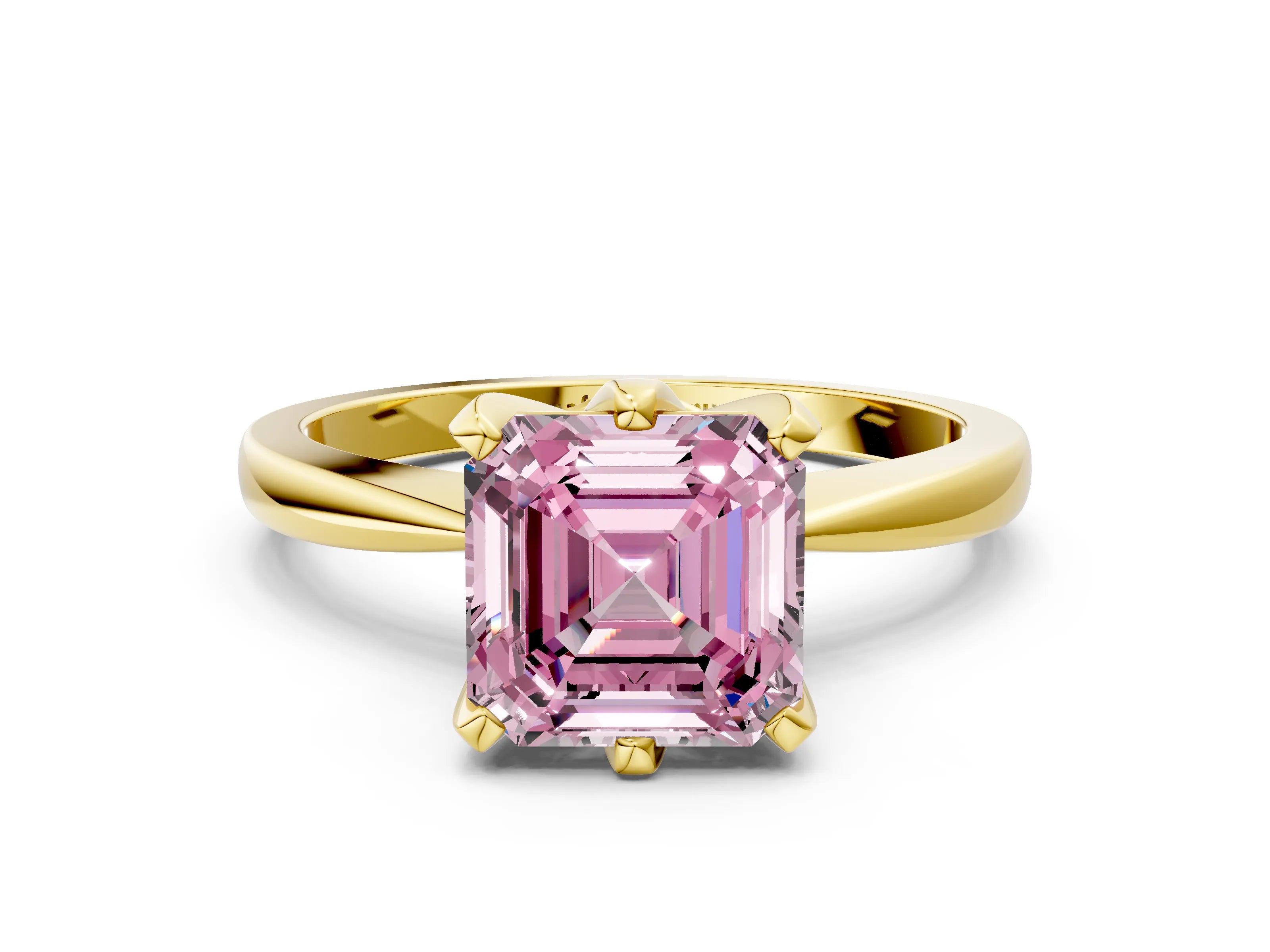 Yellow gold Fancy Pink Asscher Cut Solitaire Engagement Ring with Six-Prong Setting and Tapered Band