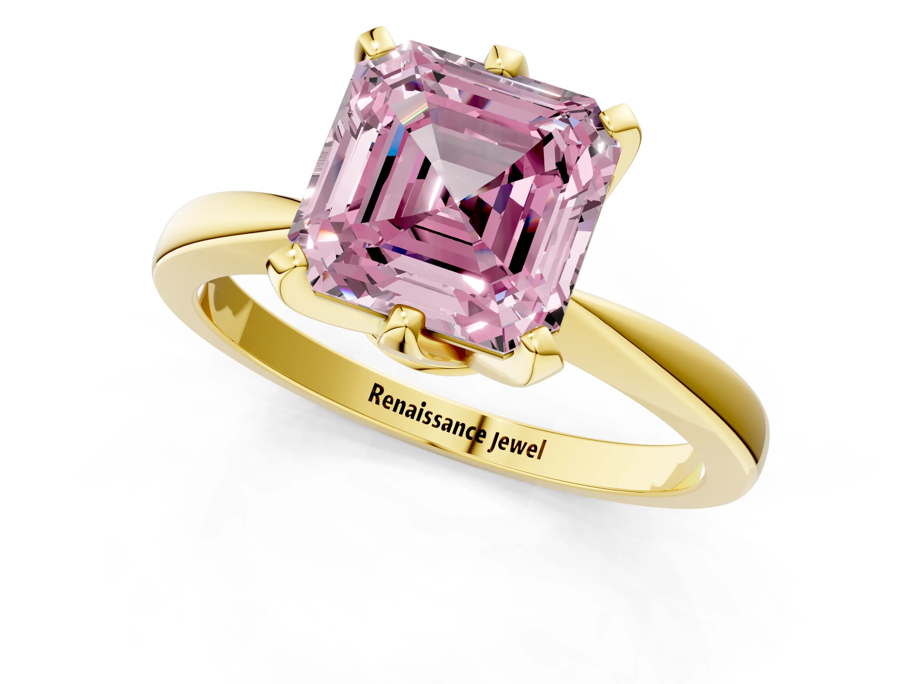 Yellow gold Fancy Pink Asscher Cut Solitaire Engagement Ring with Six-Prong Setting and Tapered Band_1
