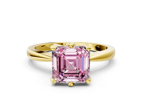 Yellow gold Fancy Pink Asscher Cut Solitaire Engagement Ring with Six-Prong Setting and Tapered Band