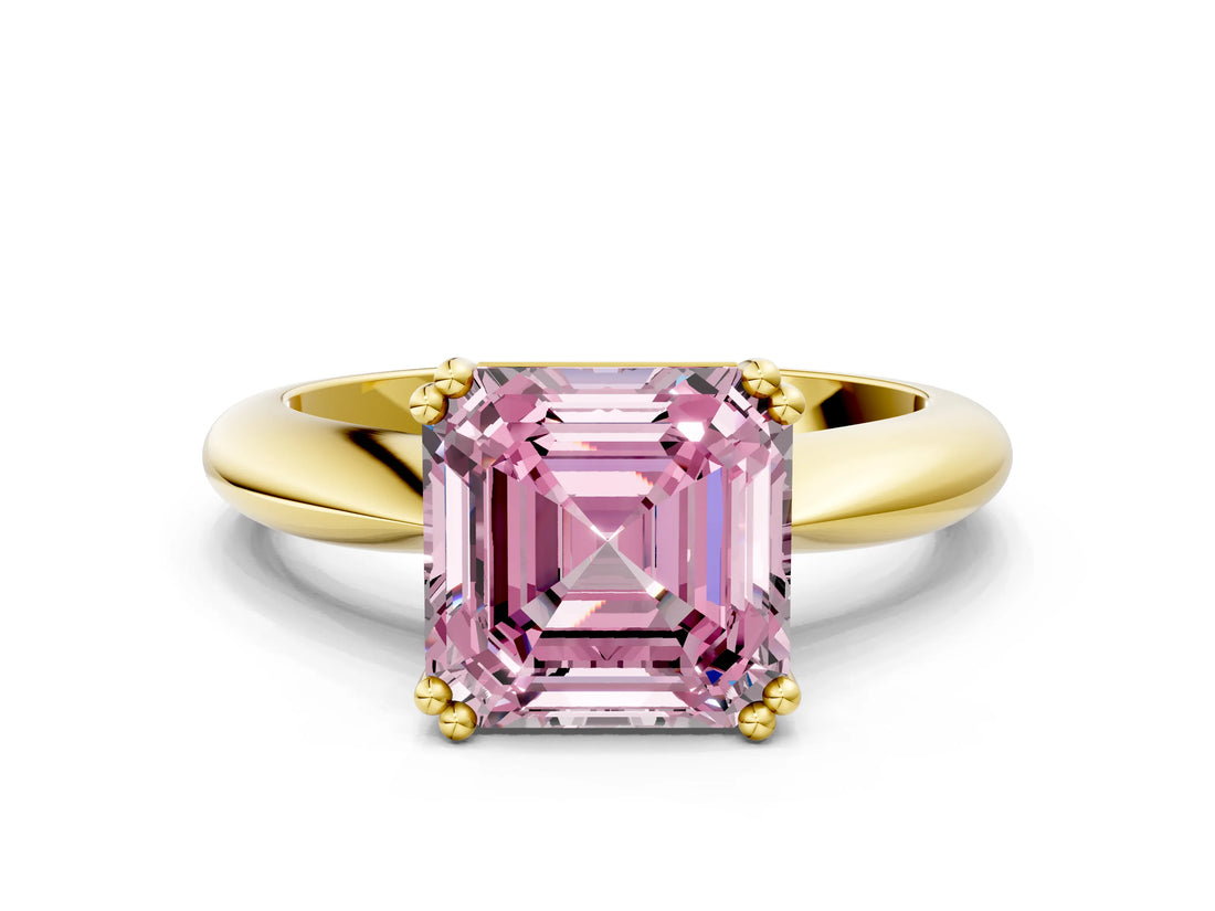 Yellow gold Fancy Pink Asscher  Cut Solitaire Engagement Ring with Tapered Band and Four-Prong Setting 1