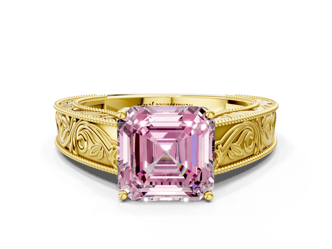 Yellow gold Fancy Pink Asscher  Cut Solitaire Engraved Band with Four-Prong Setting