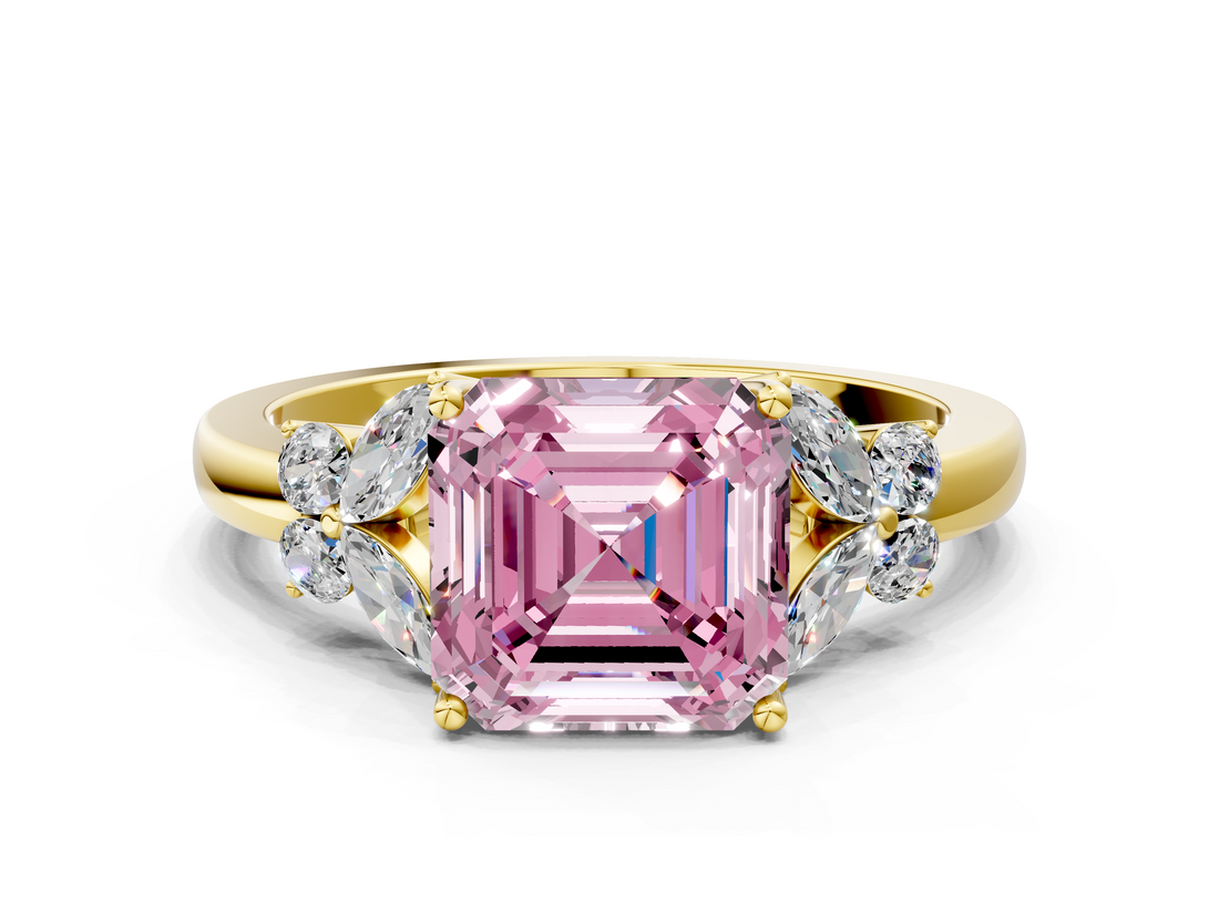 Yellow gold Fancy Pink Asscher  Cut Solitaire Floral Diamond Ring with Four-Prong Setting
