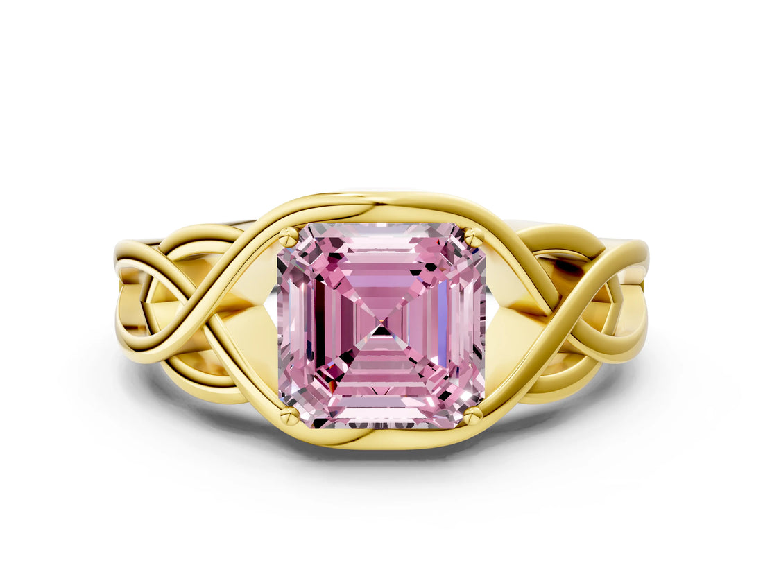 Yellow gold Fancy Pink Asscher Cut Solitaire Intertwined Band Prong Setting Ring