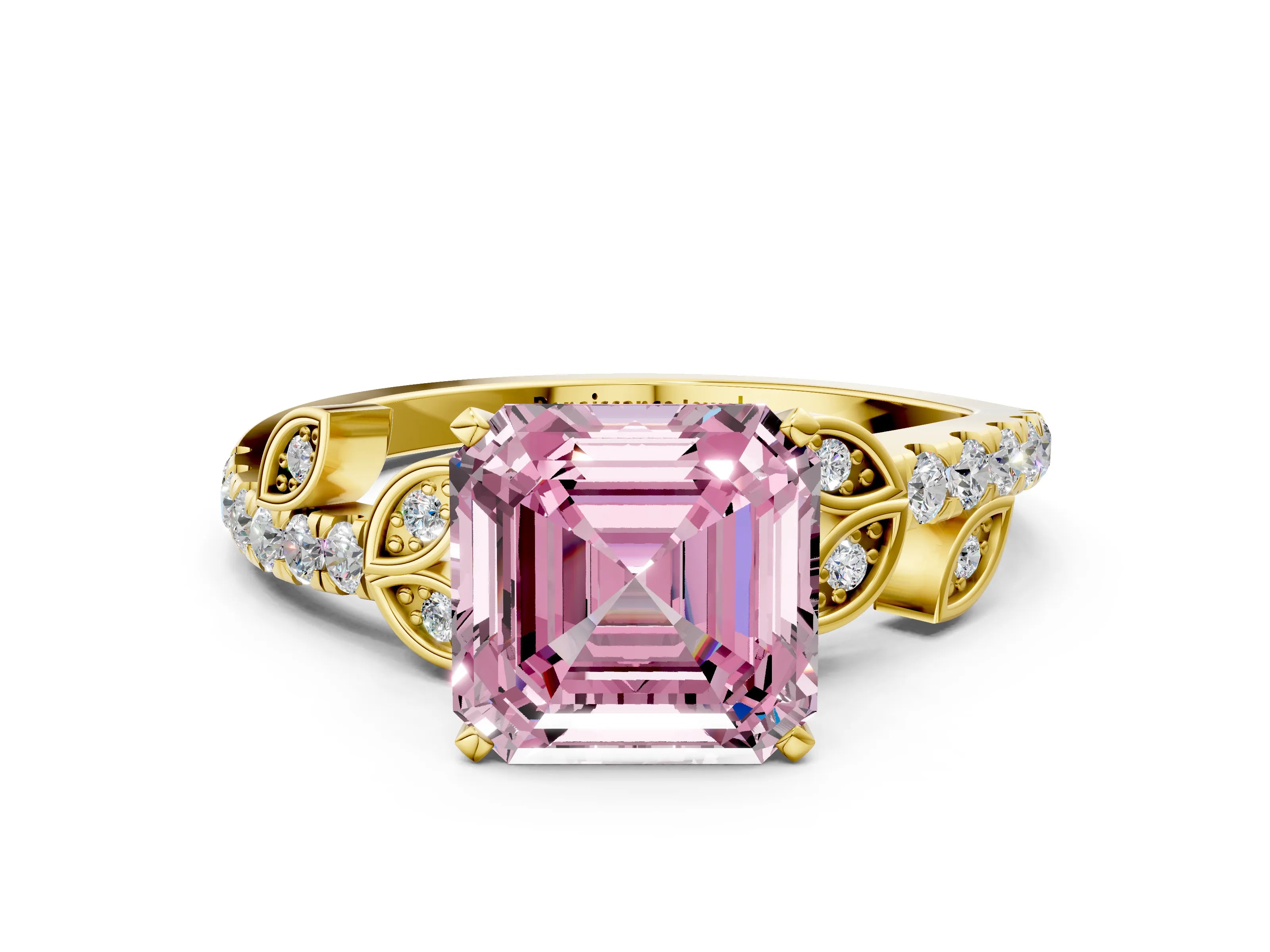 Yellow gold Fancy Pink Asscher Cut Solitaire Leaf-Inspired Diamond Ring with Pavé Band and Four-Prong Setting