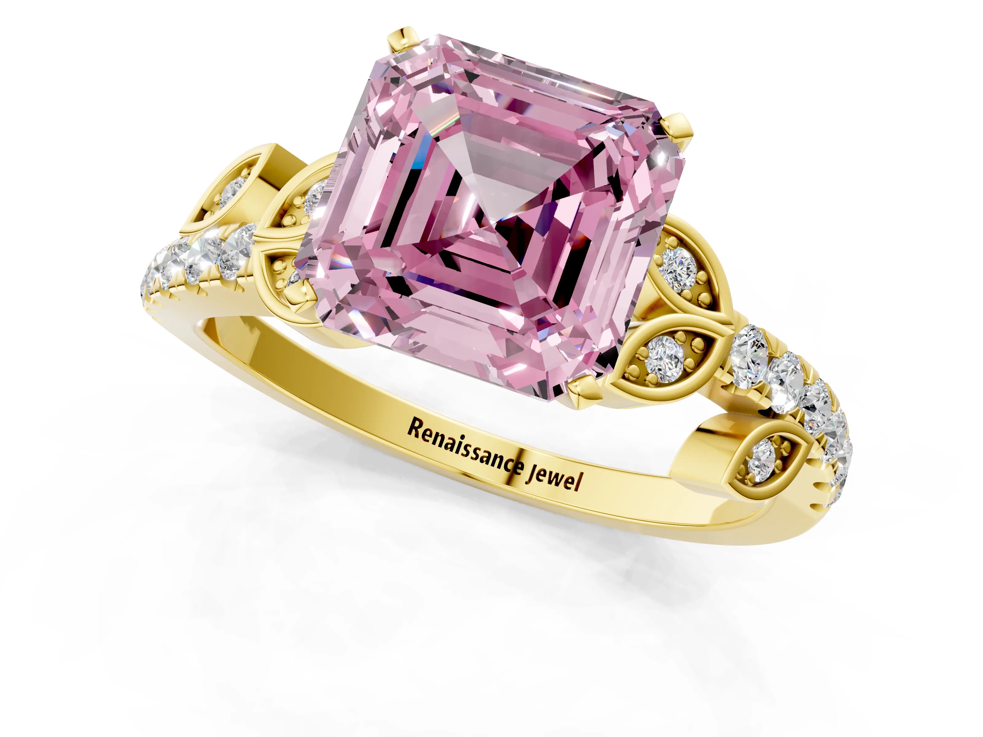 Yellow gold Fancy Pink Asscher Cut Solitaire Leaf-Inspired Diamond Ring with Pavé Band and Four-Prong Setting_1