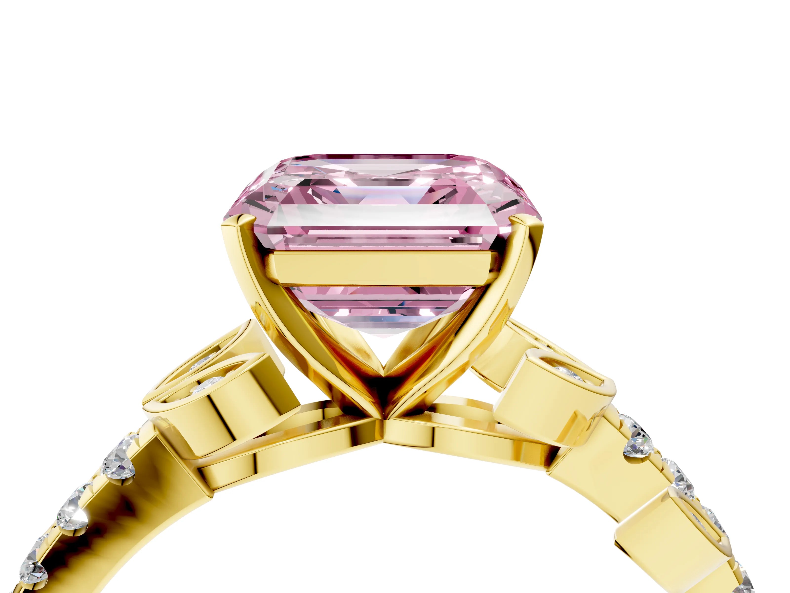Yellow gold Fancy Pink Asscher Cut Solitaire Leaf-Inspired Diamond Ring with Pavé Band and Four-Prong Setting_4
