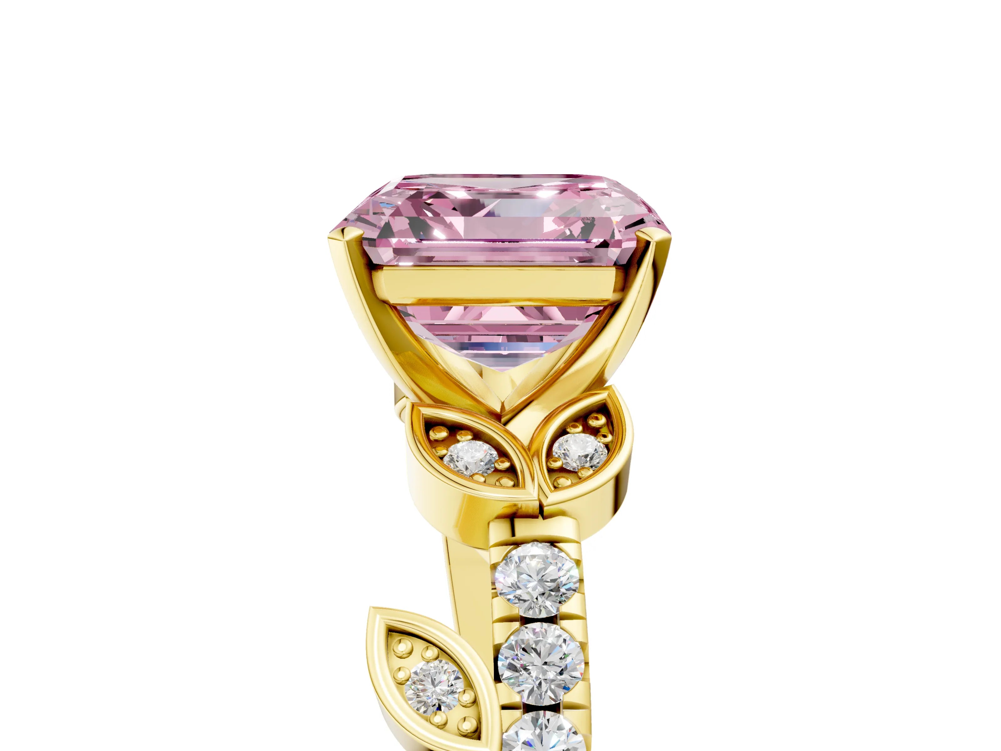 Yellow gold Fancy Pink Asscher Cut Solitaire Leaf-Inspired Diamond Ring with Pavé Band and Four-Prong Setting_5