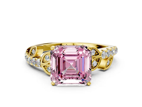 Yellow gold Fancy Pink Asscher Cut Solitaire Leaf-Inspired Diamond Ring with Pavé Band and Four-Prong Setting