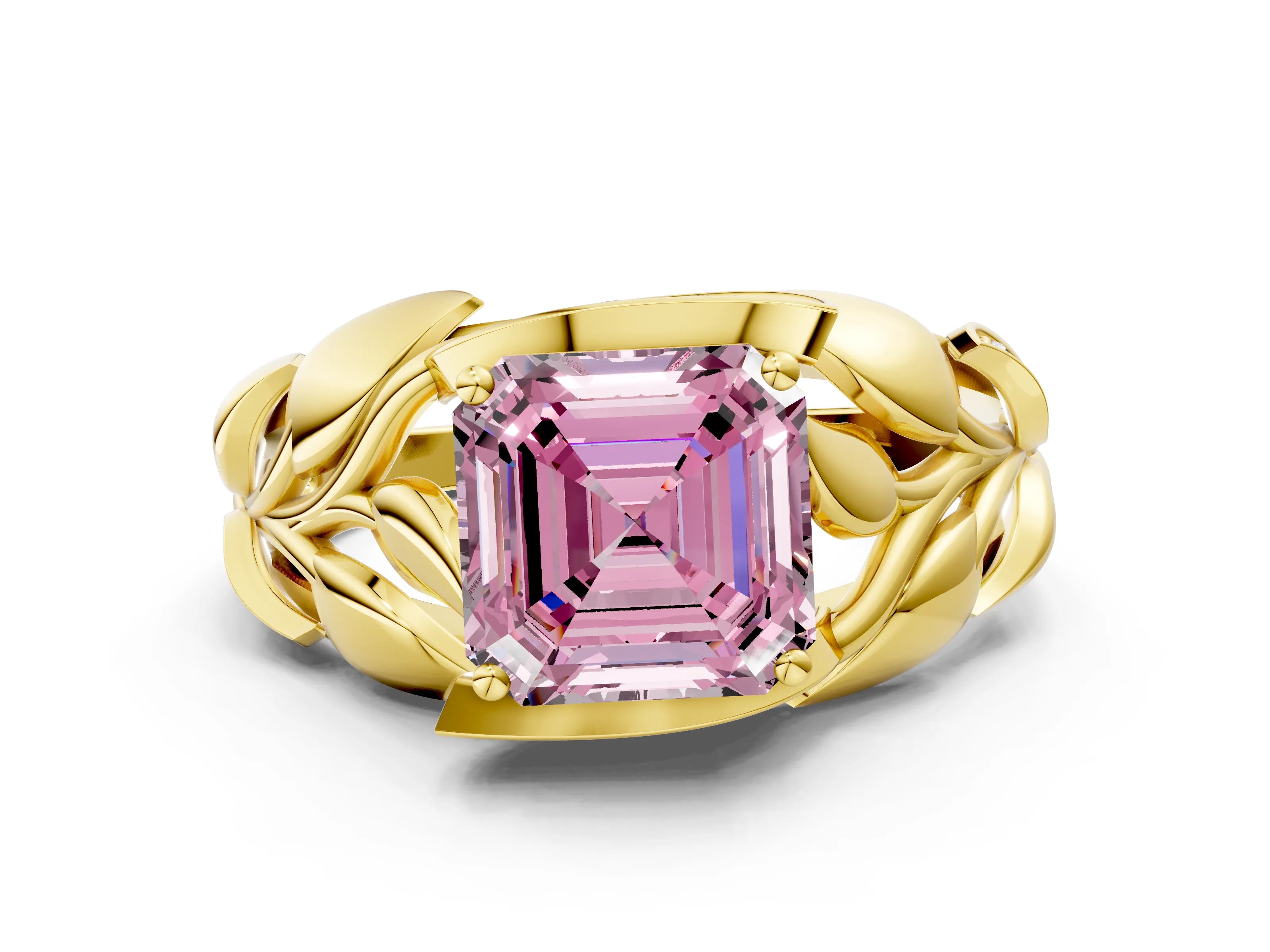 Yellow gold Fancy Pink Asscher Cut Solitaire Leaf-Inspired Engagement Ring with Prong Setting