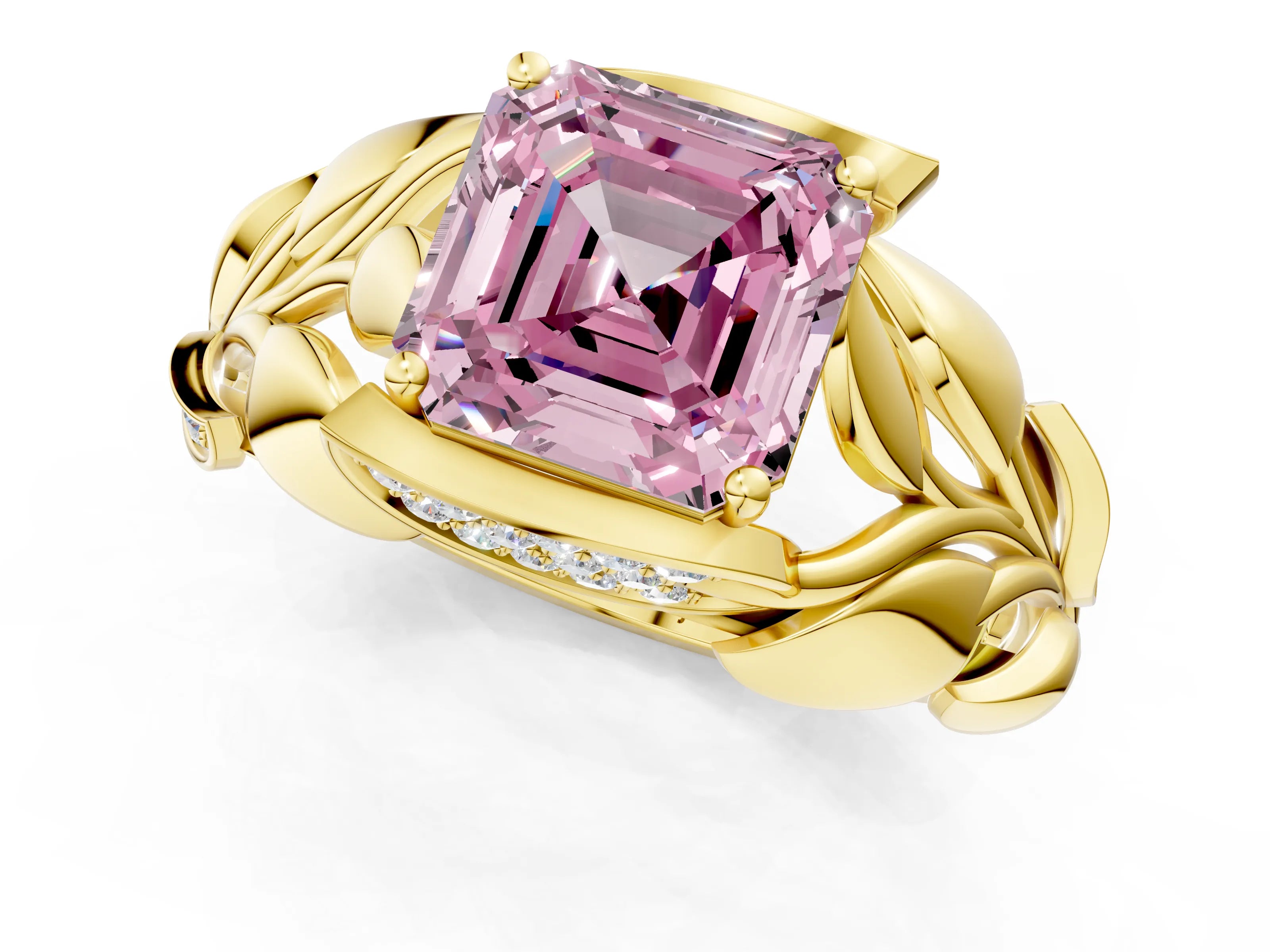 Yellow gold Fancy Pink Asscher Cut Solitaire Leaf-Inspired Engagement Ring with Prong Setting_1