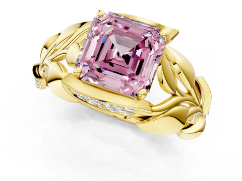 Yellow gold Fancy Pink Asscher Cut Solitaire Leaf-Inspired Engagement Ring with Prong Setting_1