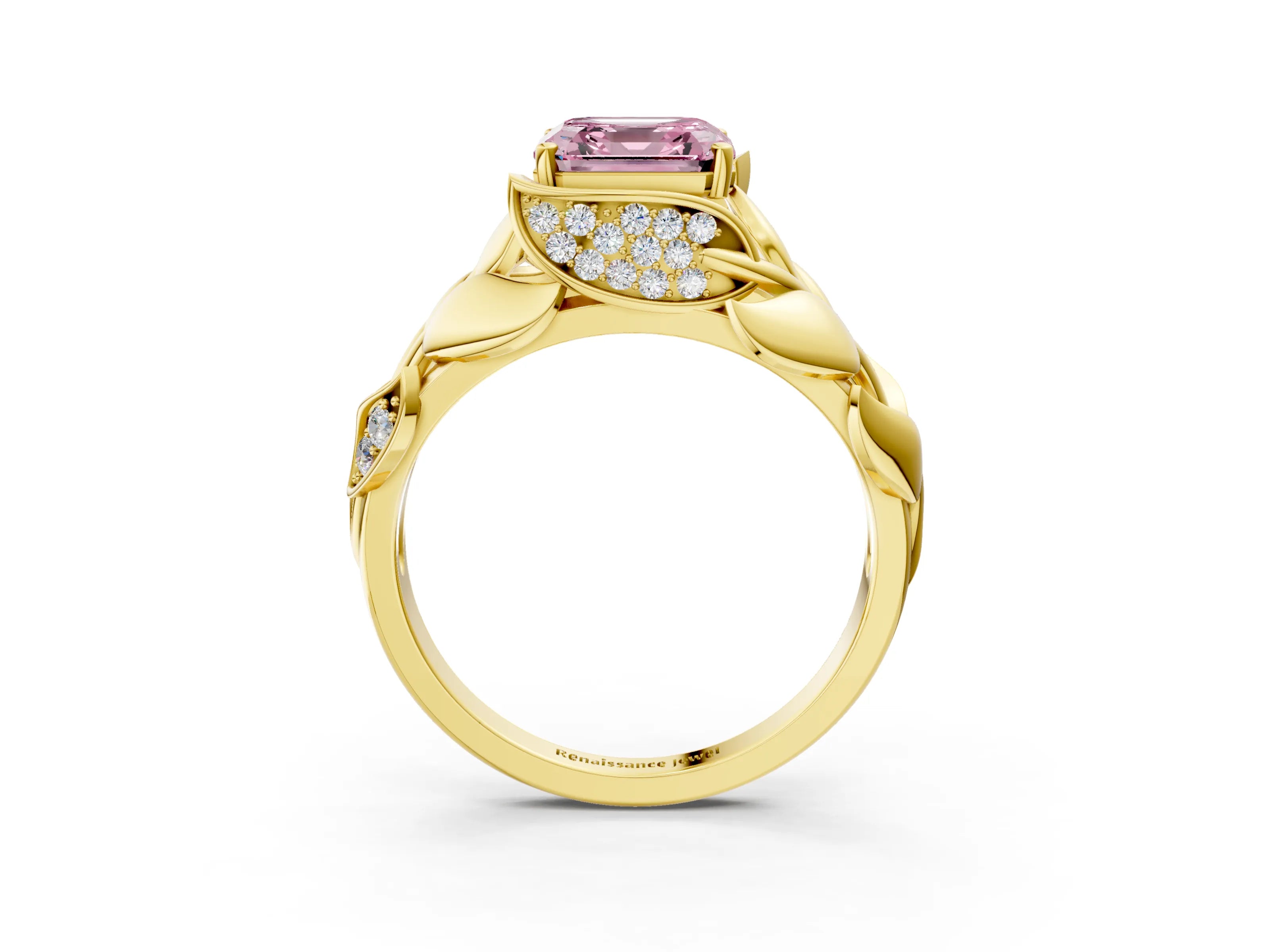 Yellow gold Fancy Pink Asscher Cut Solitaire Leaf-Inspired Engagement Ring with Prong Setting_3