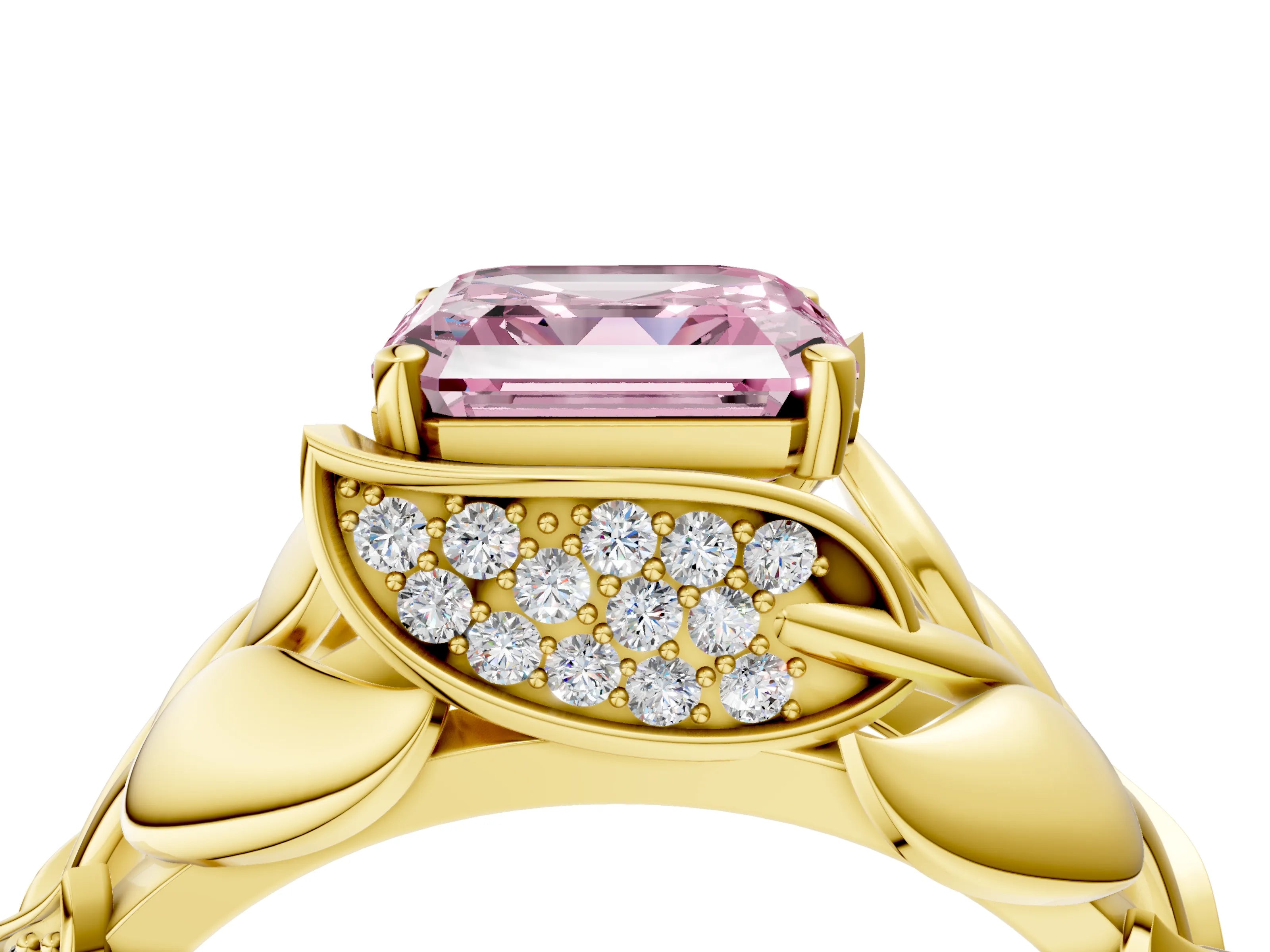 Yellow gold Fancy Pink Asscher Cut Solitaire Leaf-Inspired Engagement Ring with Prong Setting_4