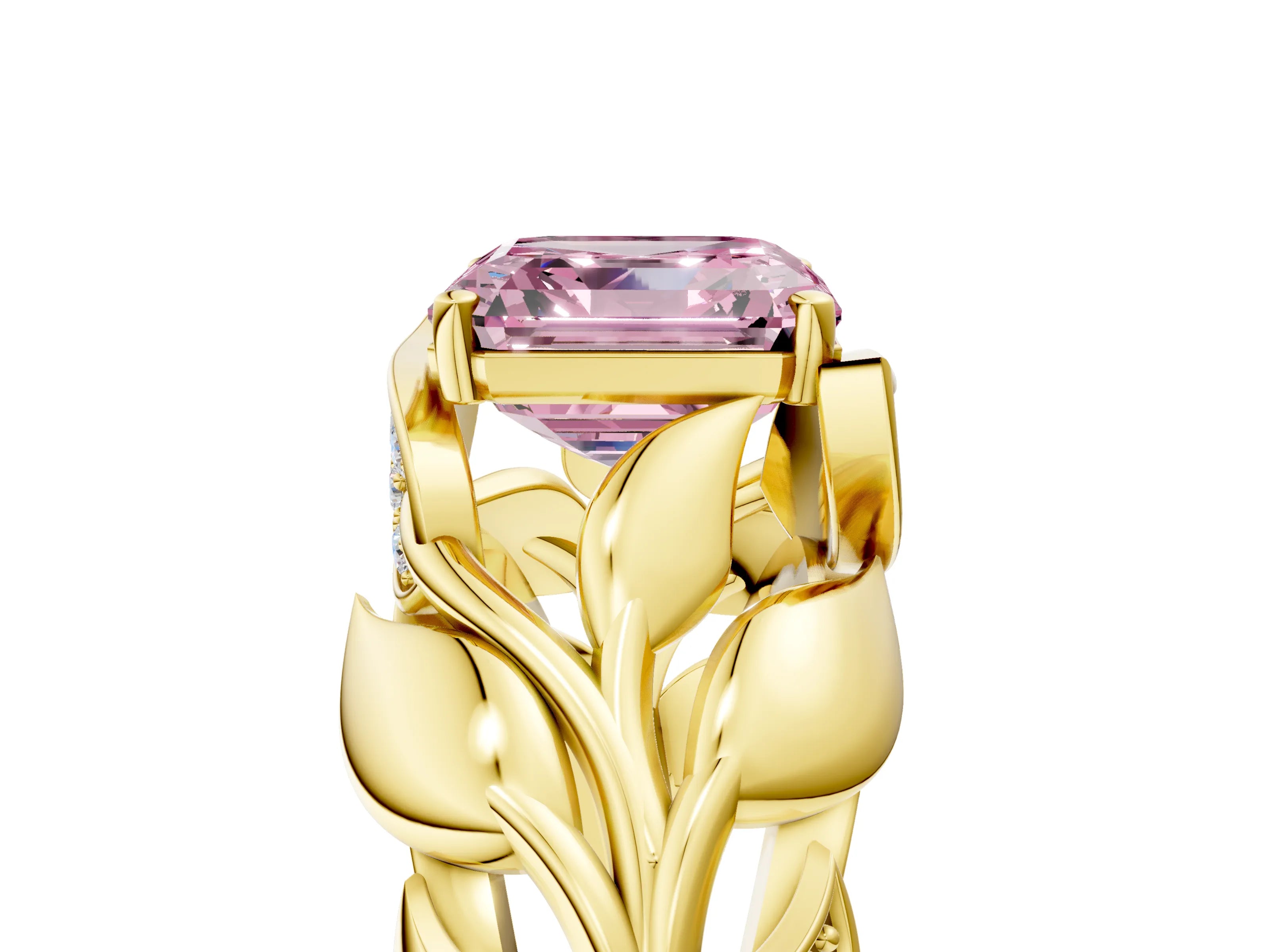 Yellow gold Fancy Pink Asscher Cut Solitaire Leaf-Inspired Engagement Ring with Prong Setting_5