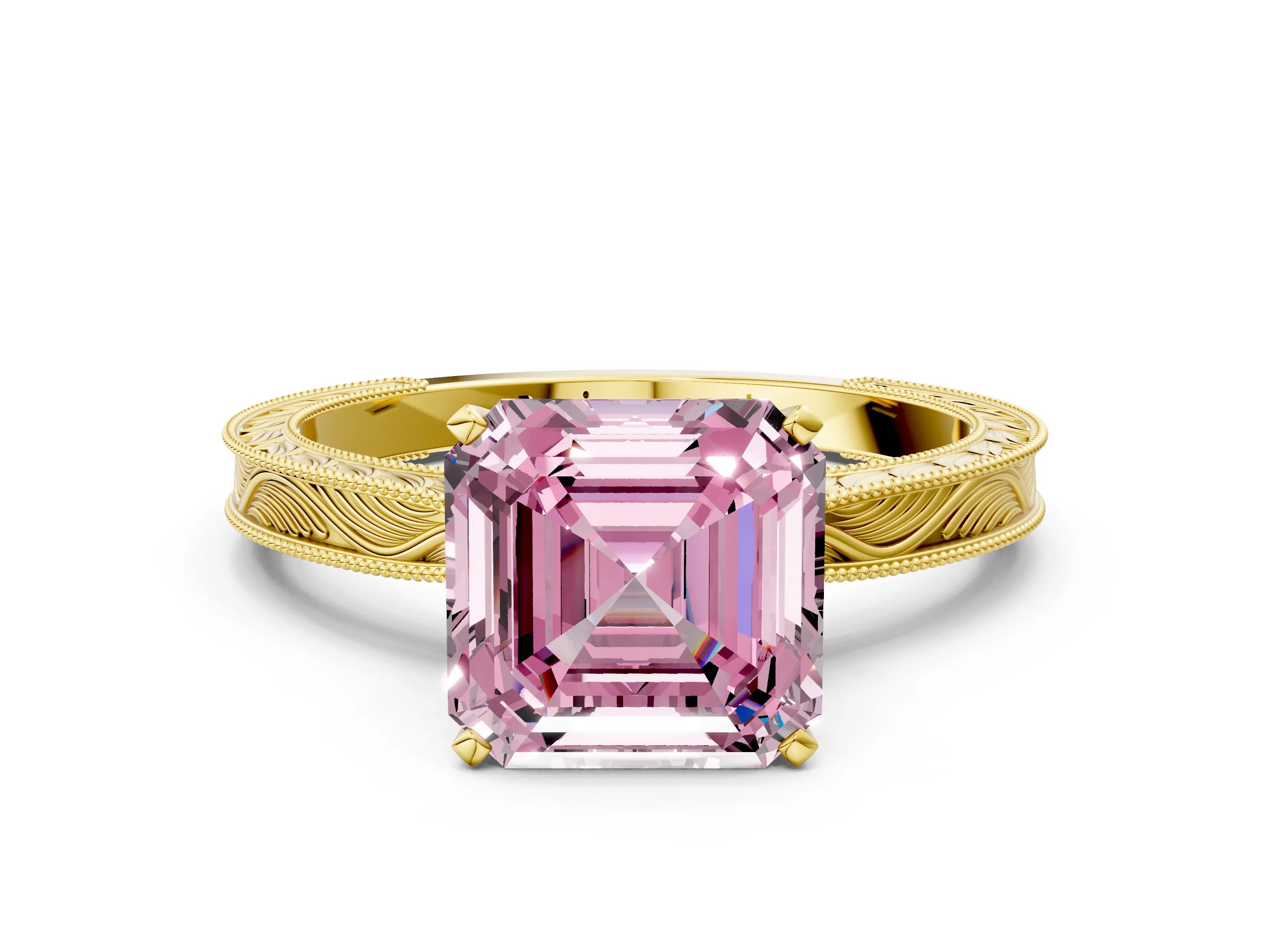 Yellow gold Fancy Pink Asscher Cut Solitaire Milgrain Engraved Band with Four-Prong Setting