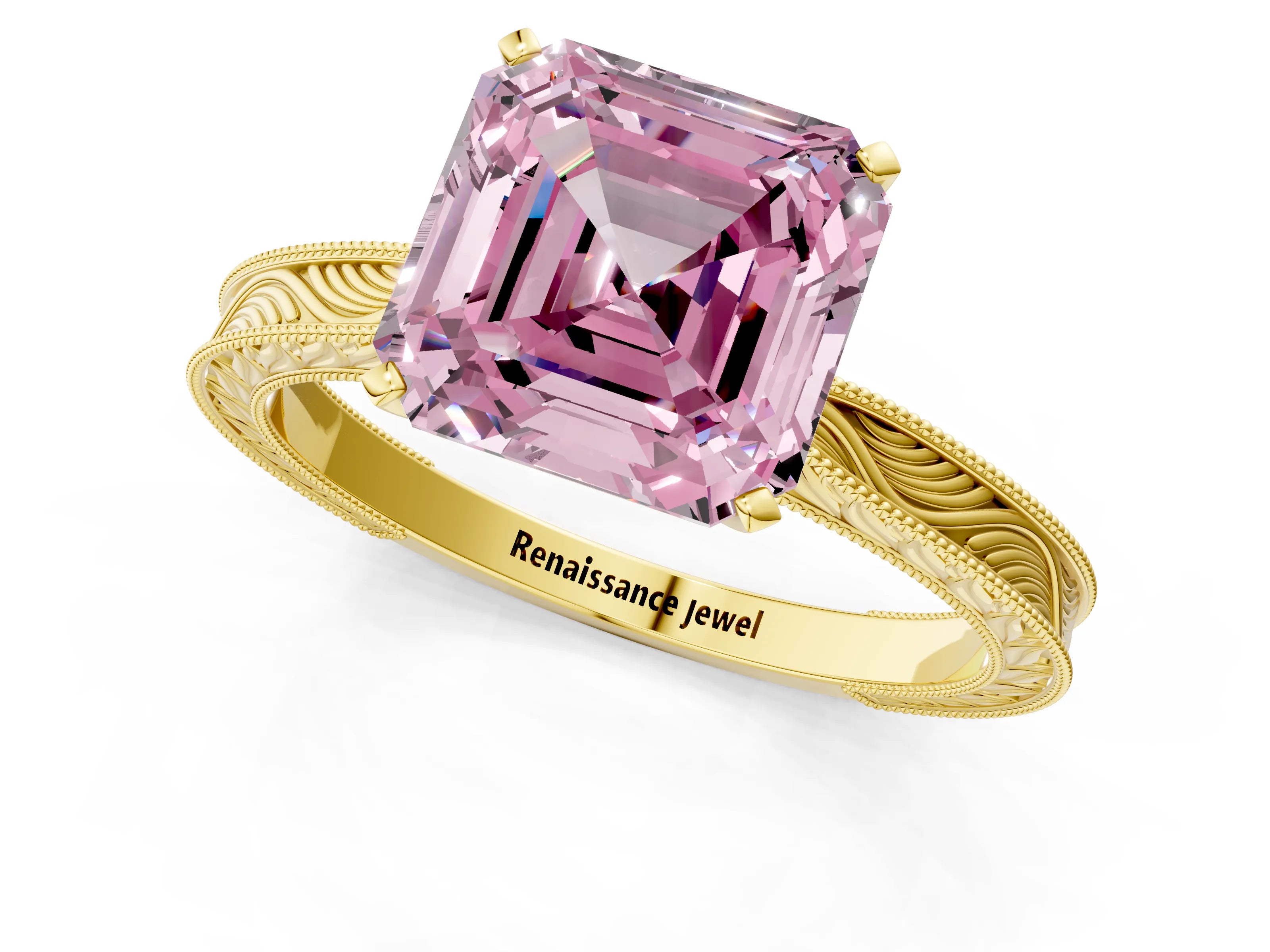 Yellow gold Fancy Pink Asscher Cut Solitaire Milgrain Engraved Band with Four-Prong Setting_1