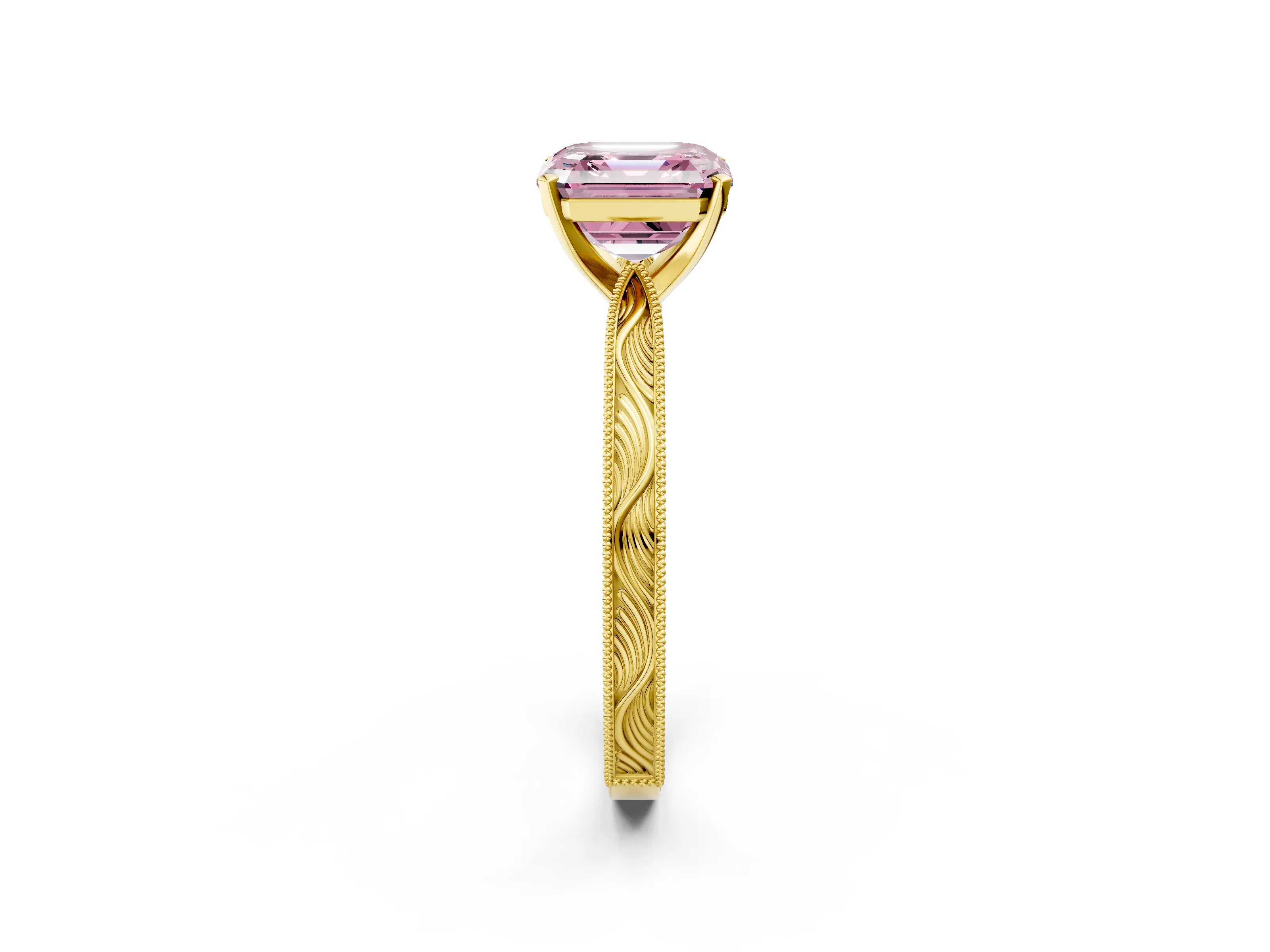 Yellow gold Fancy Pink Asscher Cut Solitaire Milgrain Engraved Band with Four-Prong Setting_2