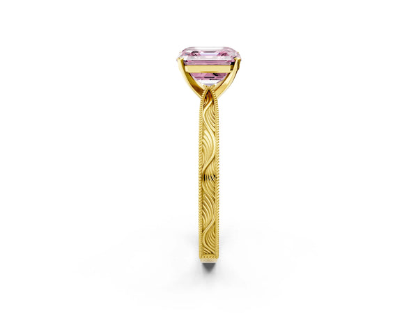 Yellow Gold Asscher Cut Solitaire Engagement Ring Setting for Fancy Pink Center with Engraved Band