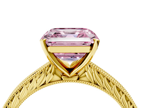 Yellow gold Fancy Pink Asscher Cut Solitaire Milgrain Engraved Band with Four-Prong Setting_4