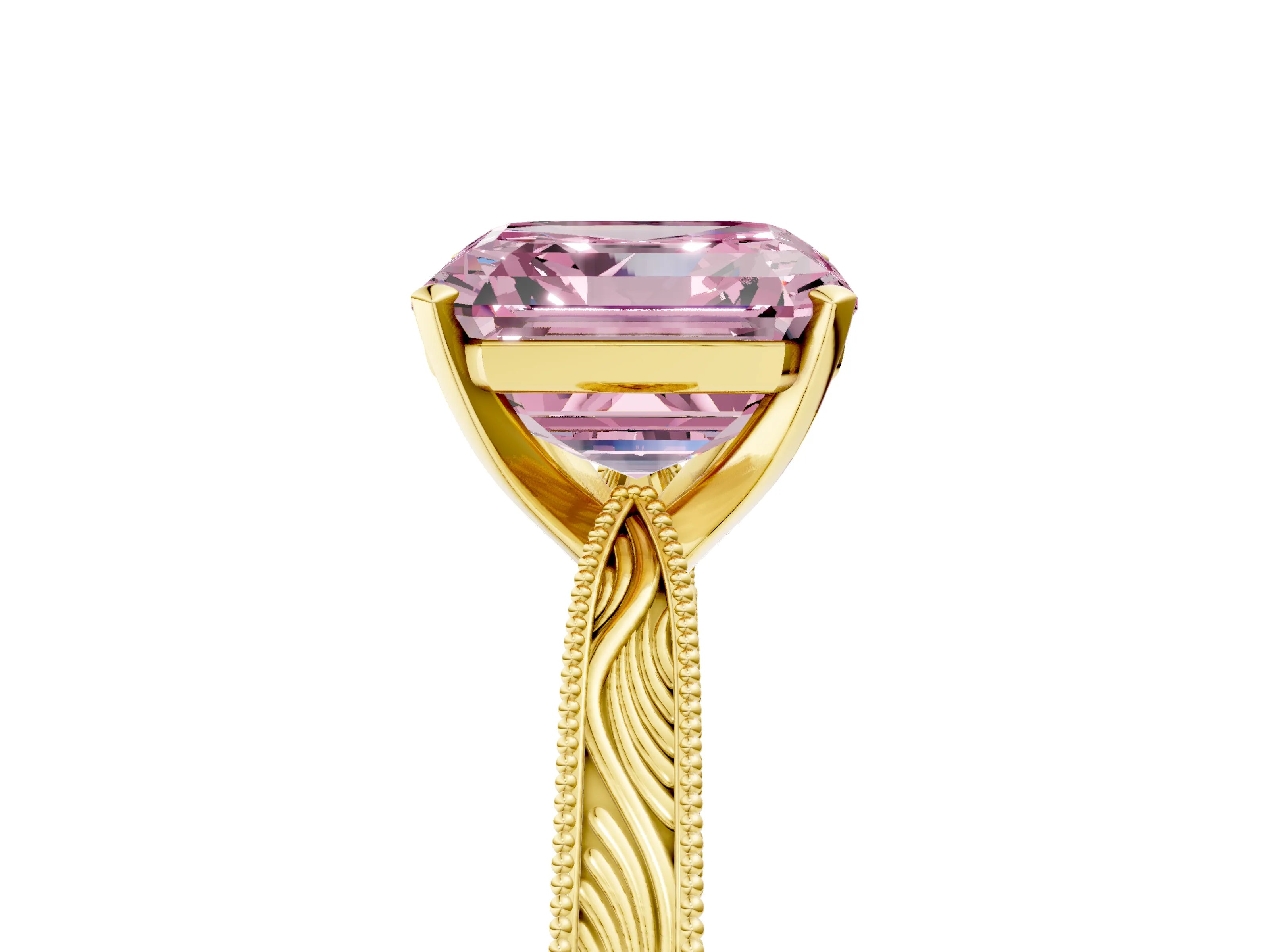 Yellow gold Fancy Pink Asscher Cut Solitaire Milgrain Engraved Band with Four-Prong Setting_5