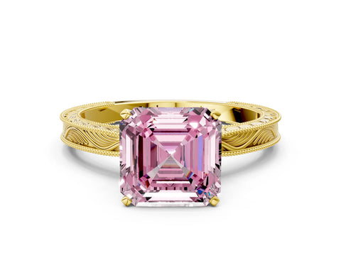 Yellow gold Fancy Pink Asscher Cut Solitaire Milgrain Engraved Band with Four-Prong Setting