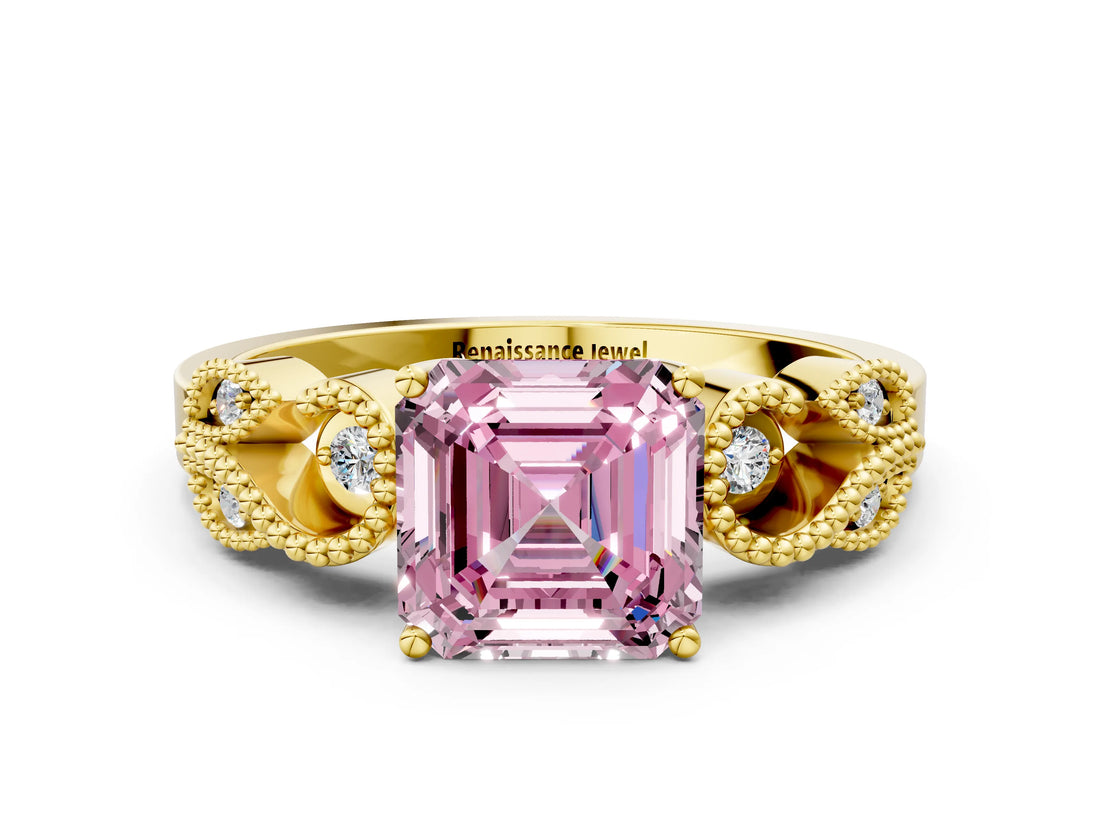 Yellow gold Fancy Pink Asscher Cut Solitaire Milgrain Leaf Band with Prong Setting_12
