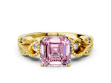 Yellow gold Fancy Pink Asscher Cut Solitaire Milgrain Leaf Band with Prong Setting_12