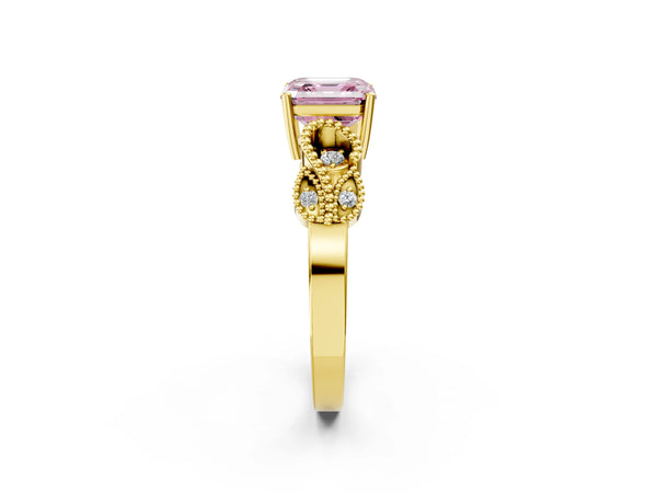 Yellow Gold Asscher Cut Vintage Solitaire Engagement Ring Setting for Fancy Pink Center