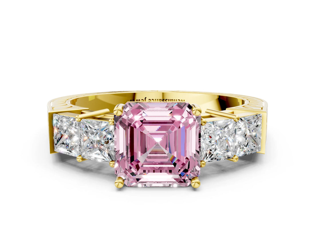 Yellow gold Fancy Pink Asscher Cut Solitaire Princess Side Stone Engraved Band Prong Setting Ring