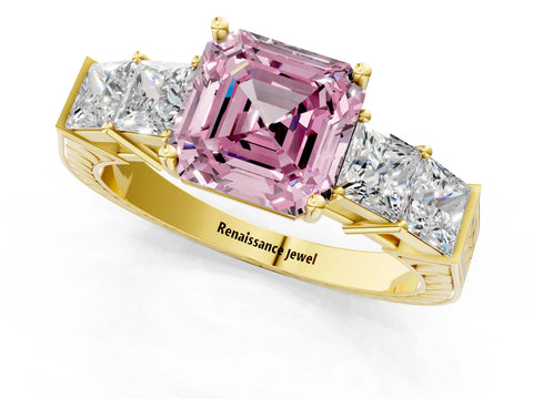Yellow gold Fancy Pink Asscher Cut Solitaire Princess Side Stone Engraved Band Prong Setting Ring_1