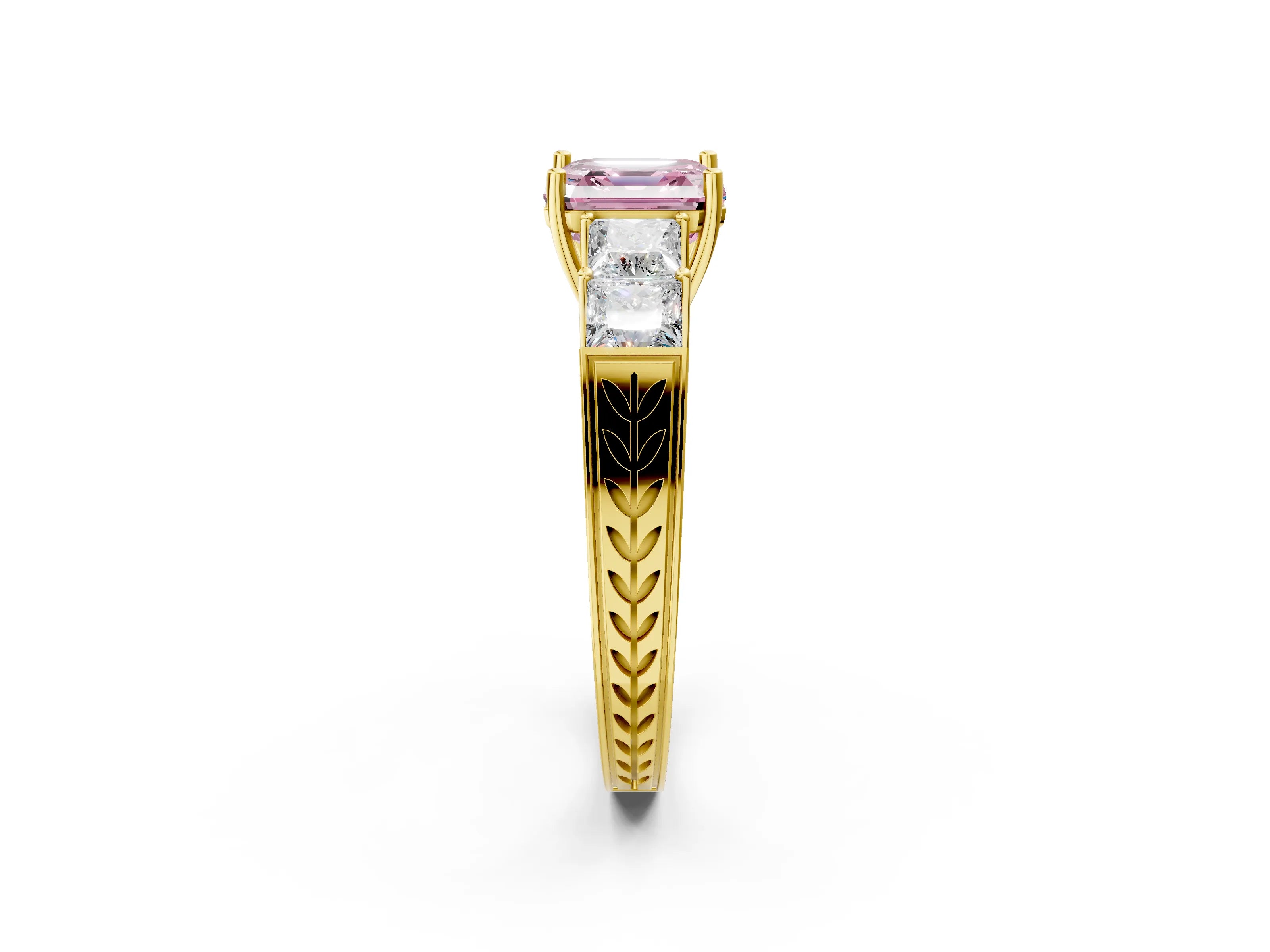 Yellow gold Fancy Pink Asscher Cut Solitaire Princess Side Stone Engraved Band Prong Setting Ring_2