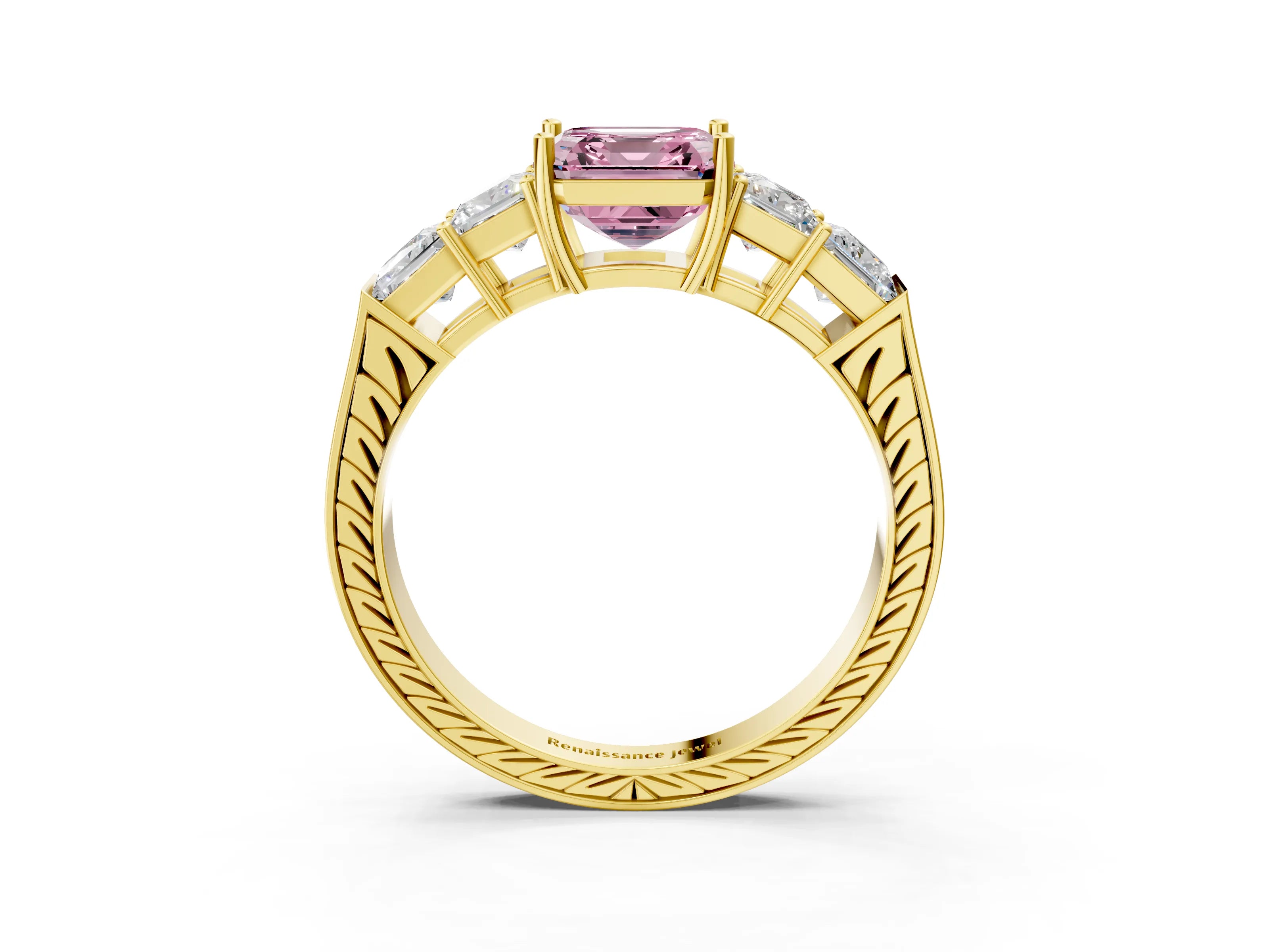 Yellow gold Fancy Pink Asscher Cut Solitaire Princess Side Stone Engraved Band Prong Setting Ring_3