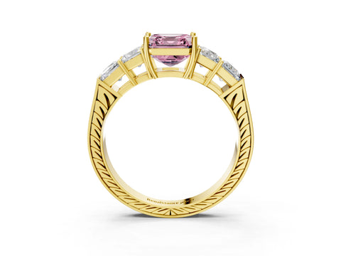 Yellow gold Fancy Pink Asscher Cut Solitaire Princess Side Stone Engraved Band Prong Setting Ring_3