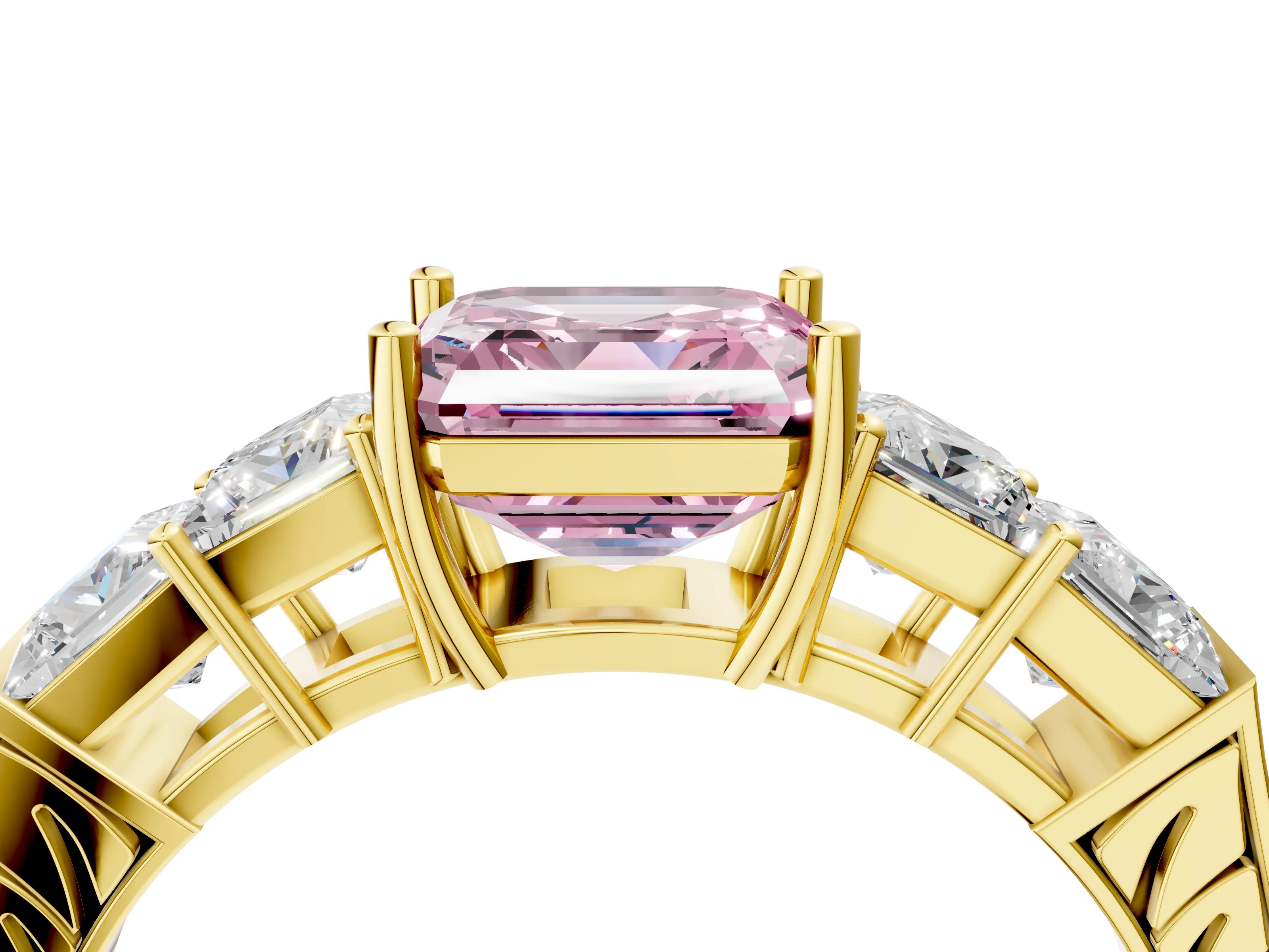 Yellow gold Fancy Pink Asscher Cut Solitaire Princess Side Stone Engraved Band Prong Setting Ring_4