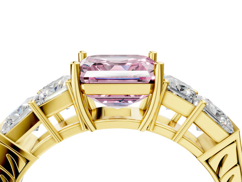 Yellow gold Fancy Pink Asscher Cut Solitaire Princess Side Stone Engraved Band Prong Setting Ring_4