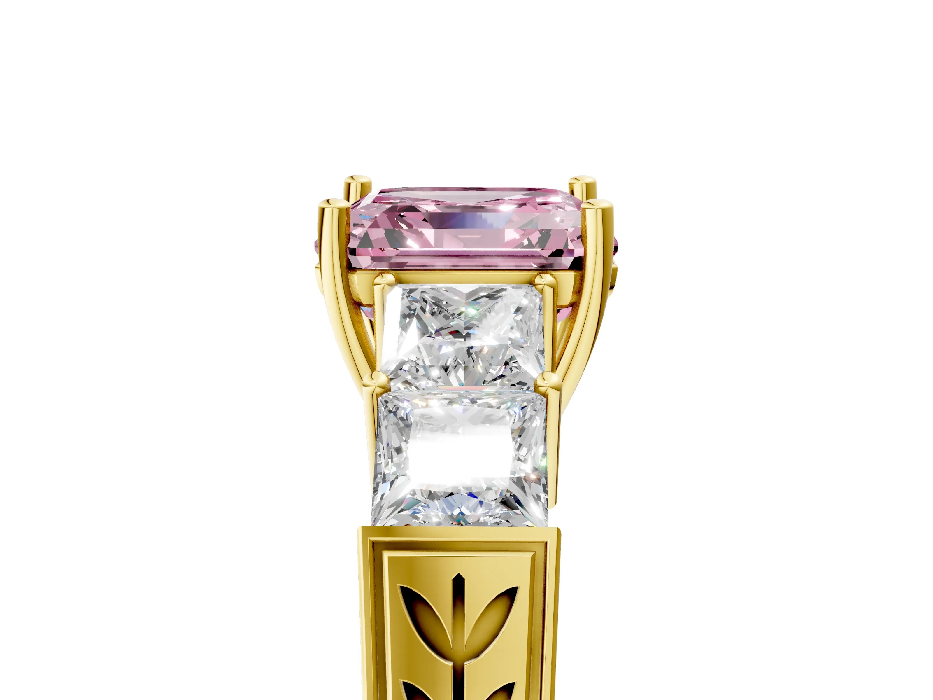 Yellow gold Fancy Pink Asscher Cut Solitaire Princess Side Stone Engraved Band Prong Setting Ring_5