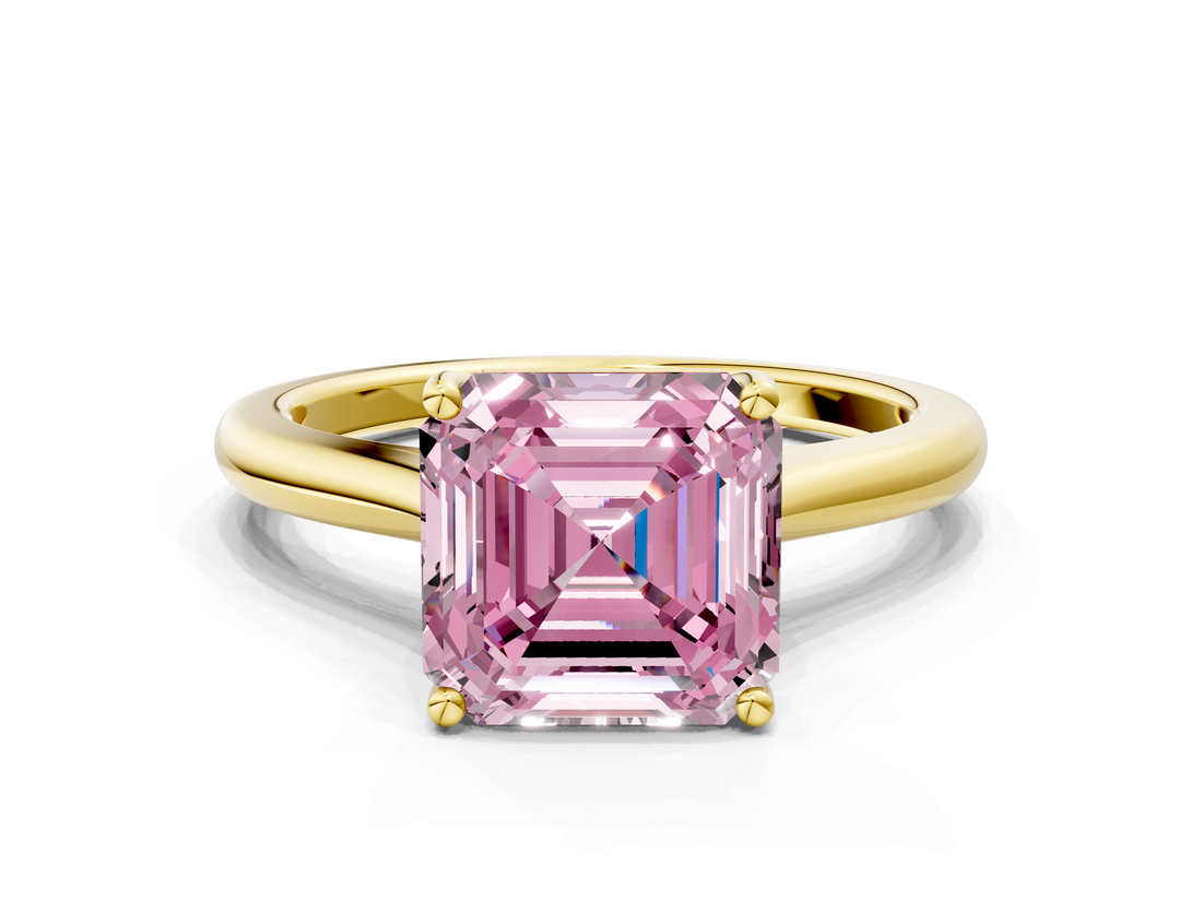 Yellow gold Fancy Pink Asscher  Cut Solitaire Ring with Cathedral Band and Four-Prong Setting