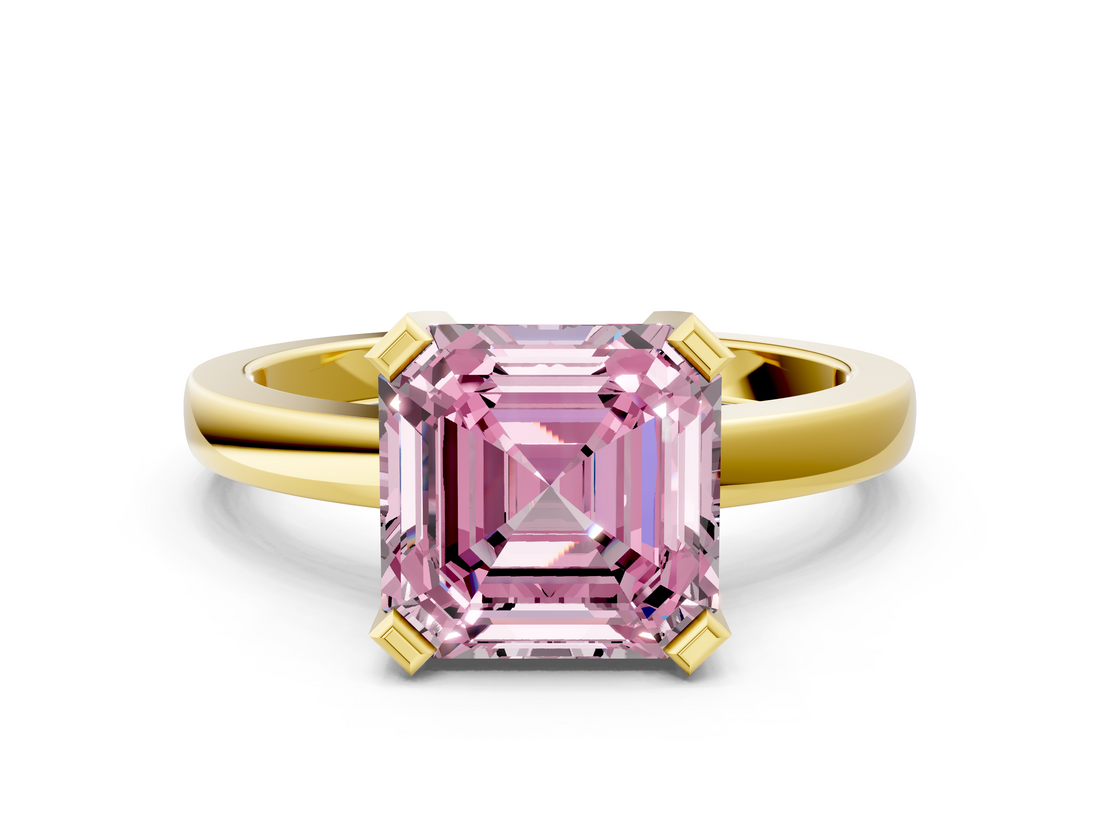 Yellow gold Fancy Pink Asscher  Cut Solitaire Ring with Four-Prong Setting and Classic Band_17
