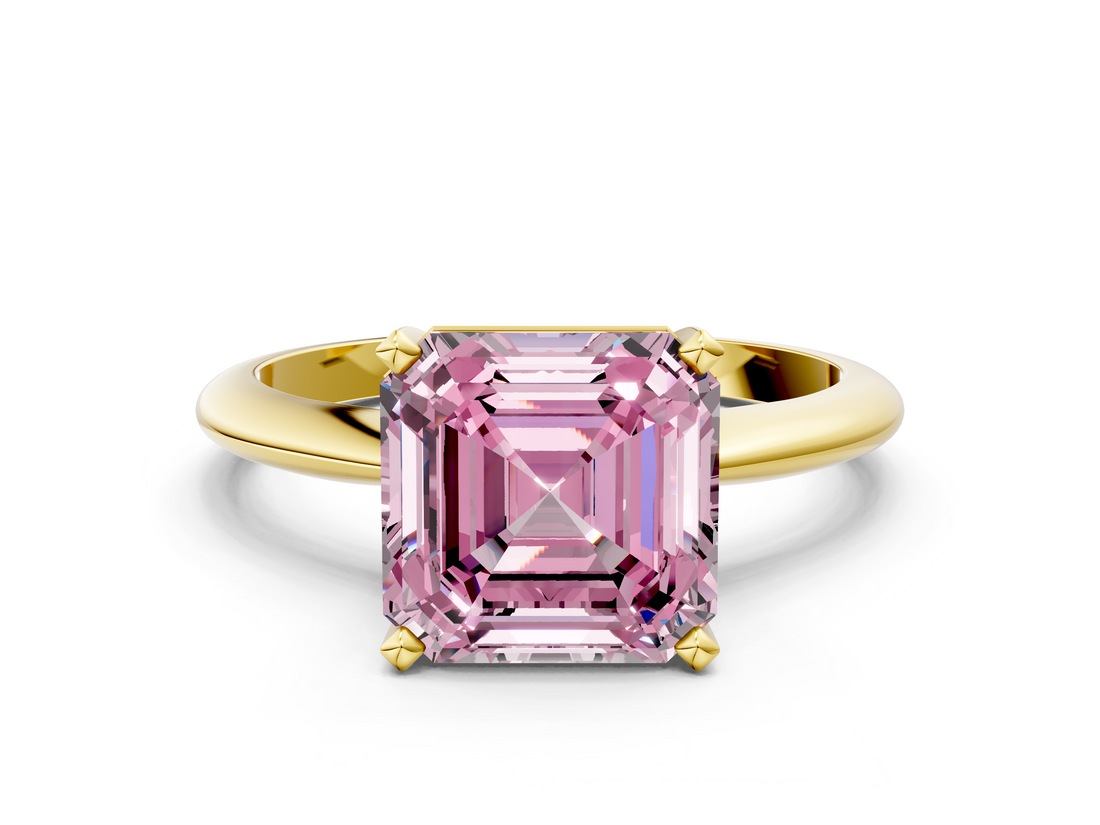 Yellow gold Fancy Pink Asscher  Cut Solitaire Ring with Four-Prong Setting on a Classic Band
