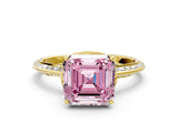 Yellow gold Fancy Pink Asscher Cut Solitaire Split Shank Pave Diamond Engagement Ring with Four-Prong Setting