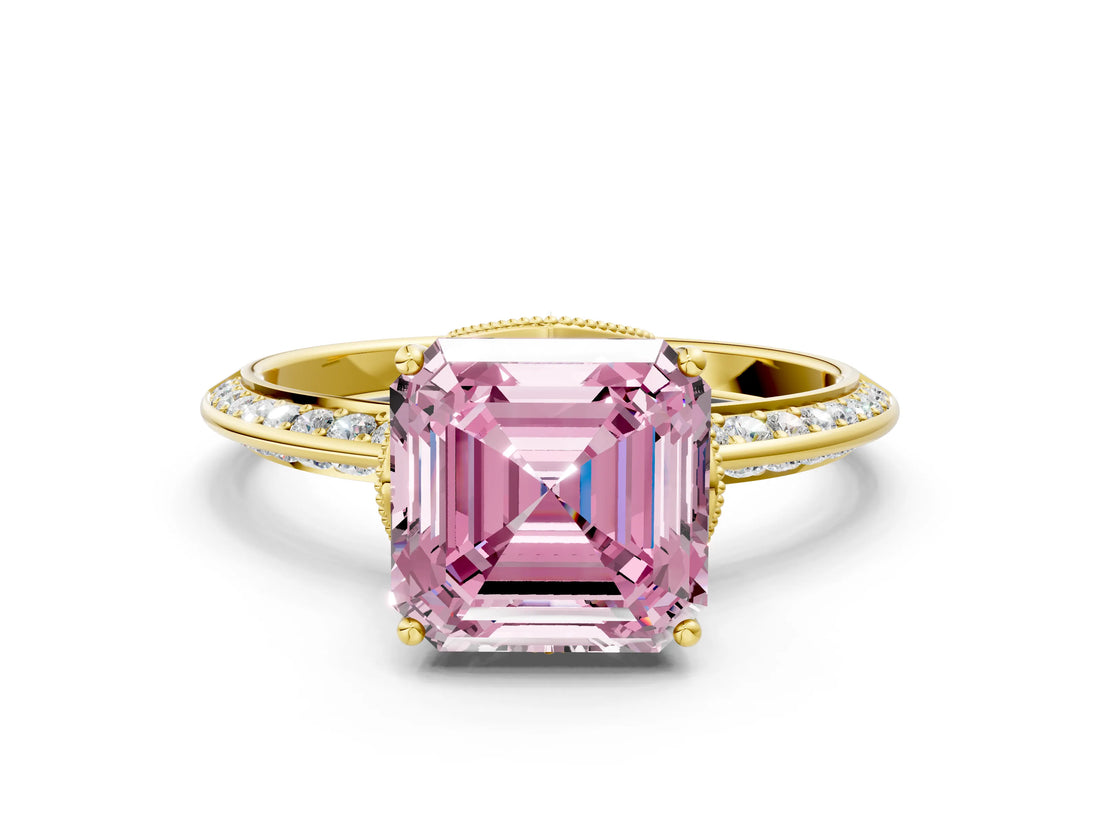 Yellow gold Fancy Pink Asscher Cut Solitaire Split Shank Pave Diamond Engagement Ring with Four-Prong Setting_24