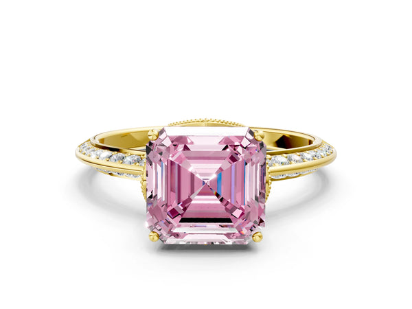 Yellow Gold Asscher Cut Graduated Pave Engagement Ring Setting for Fancy Pink Center